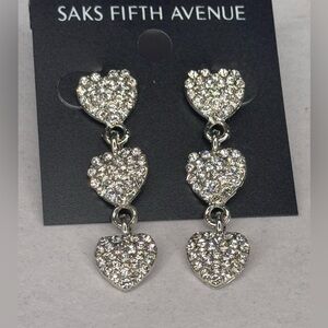 Saks Fifth Avenue Triple Heart Pave Crystal Post Dangling Earrings 2in